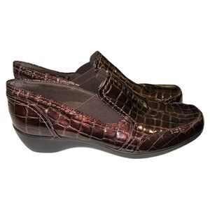Clarks Bendables May Poppy Womens Wedge Loafers Slip On Brown‎ Croc Embossed 9